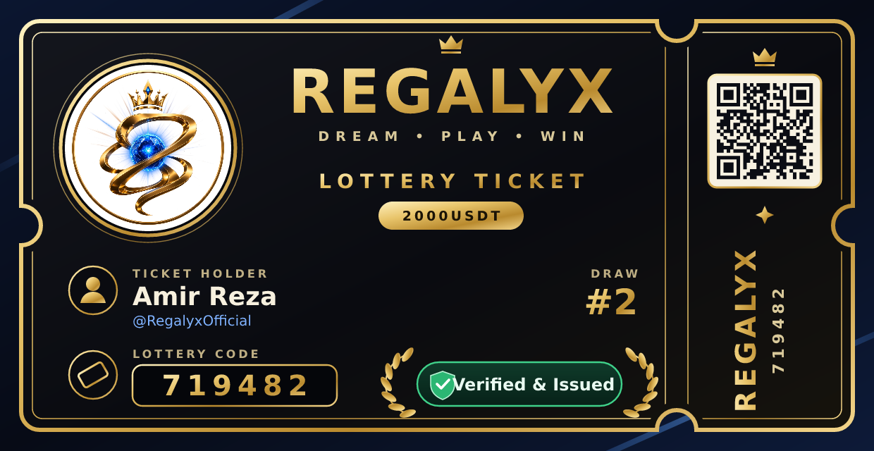 Sample Regalyx ticket for Amir Reza with lottery code 719482, marked Verified and Issued